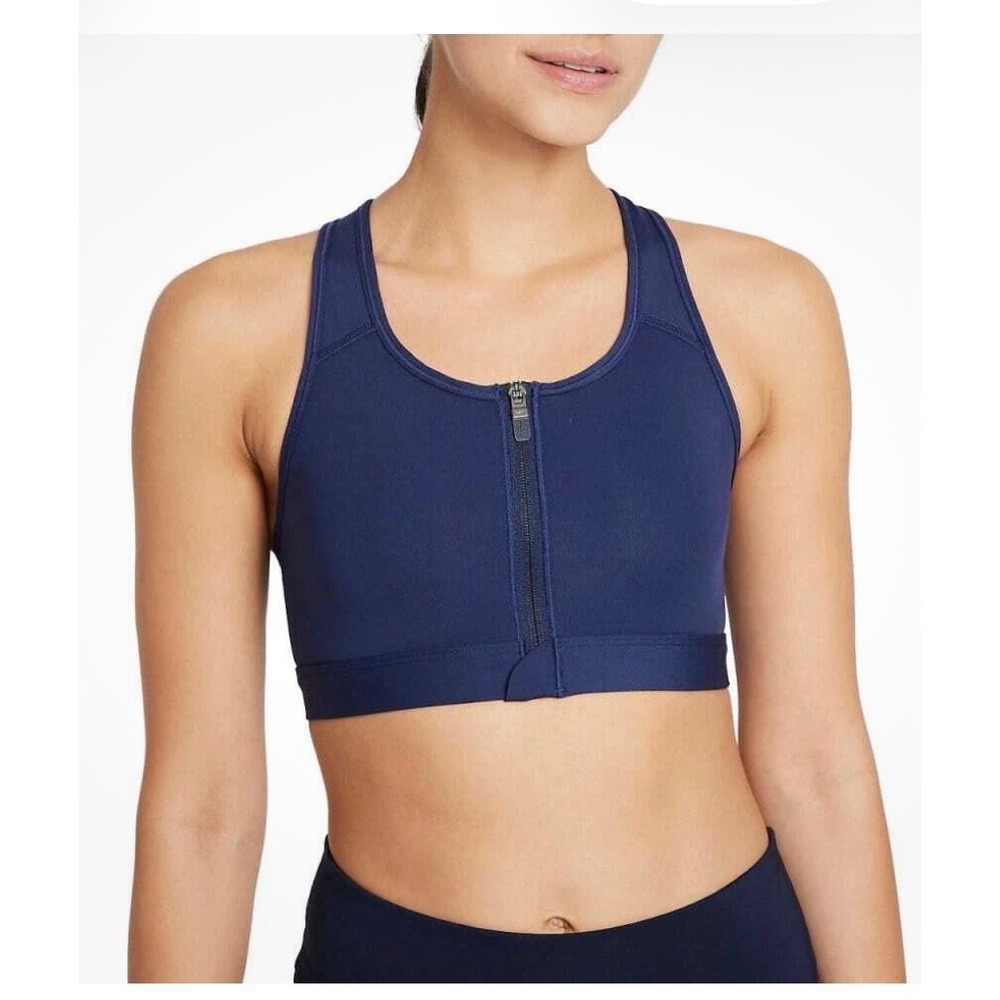 Nike Dri-FIT Shape Zip Front Sports Bra Navy Blue Mesh Racerback High Support L